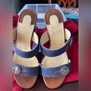Women Christian Louboutin Denim Calfskin Sandenim Double Strap Sandal 35 Blue